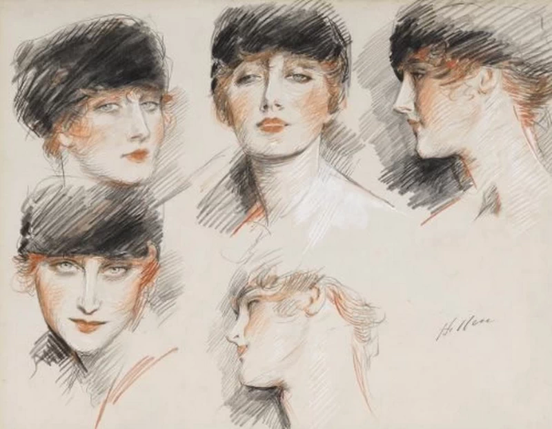 Studi di viso femminile con cappello